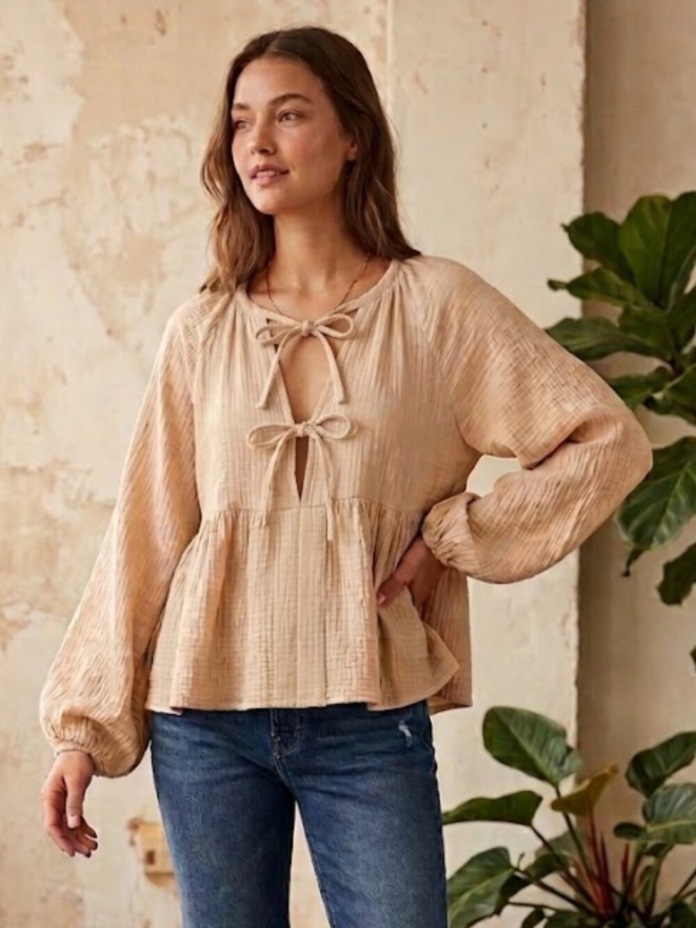 Missguided Tan Long Sleeve Peplum Top 2 Ties Front Sz Small Gauzy Boho Oversized